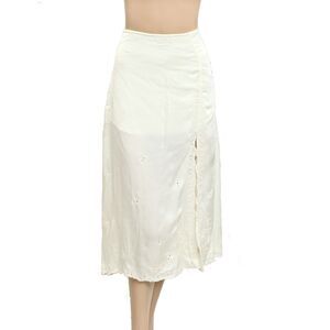 Anthropologie Floral Eyelet Embordered Midi Skirt Mid Waisted Cream L-P 280437